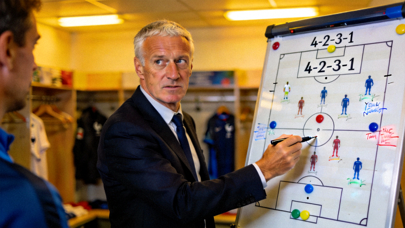 法国队主教练德尚在战术板上讲解对阵型