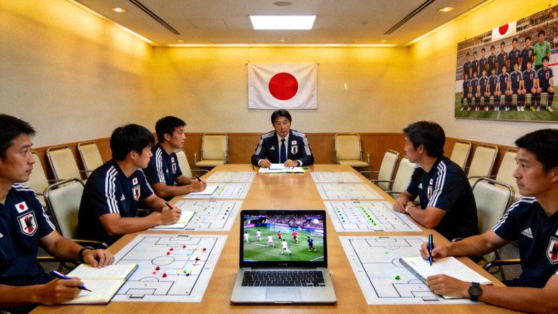 日本国家队在会议室分析对手比赛录像