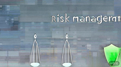 风险管理概念图，显示平衡的秤和盾牌图标