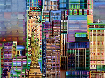 美国纽约市天际线，自由女神像和曼哈顿摩天大楼的壮观景象